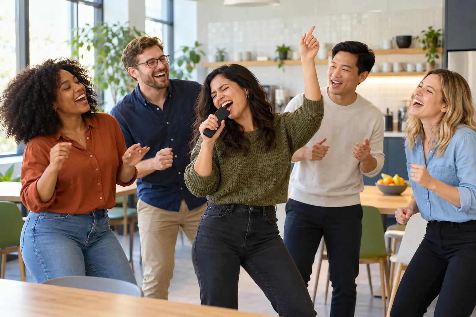 Coworkers in an office break room sing along together, one belting into a handheld microphone.