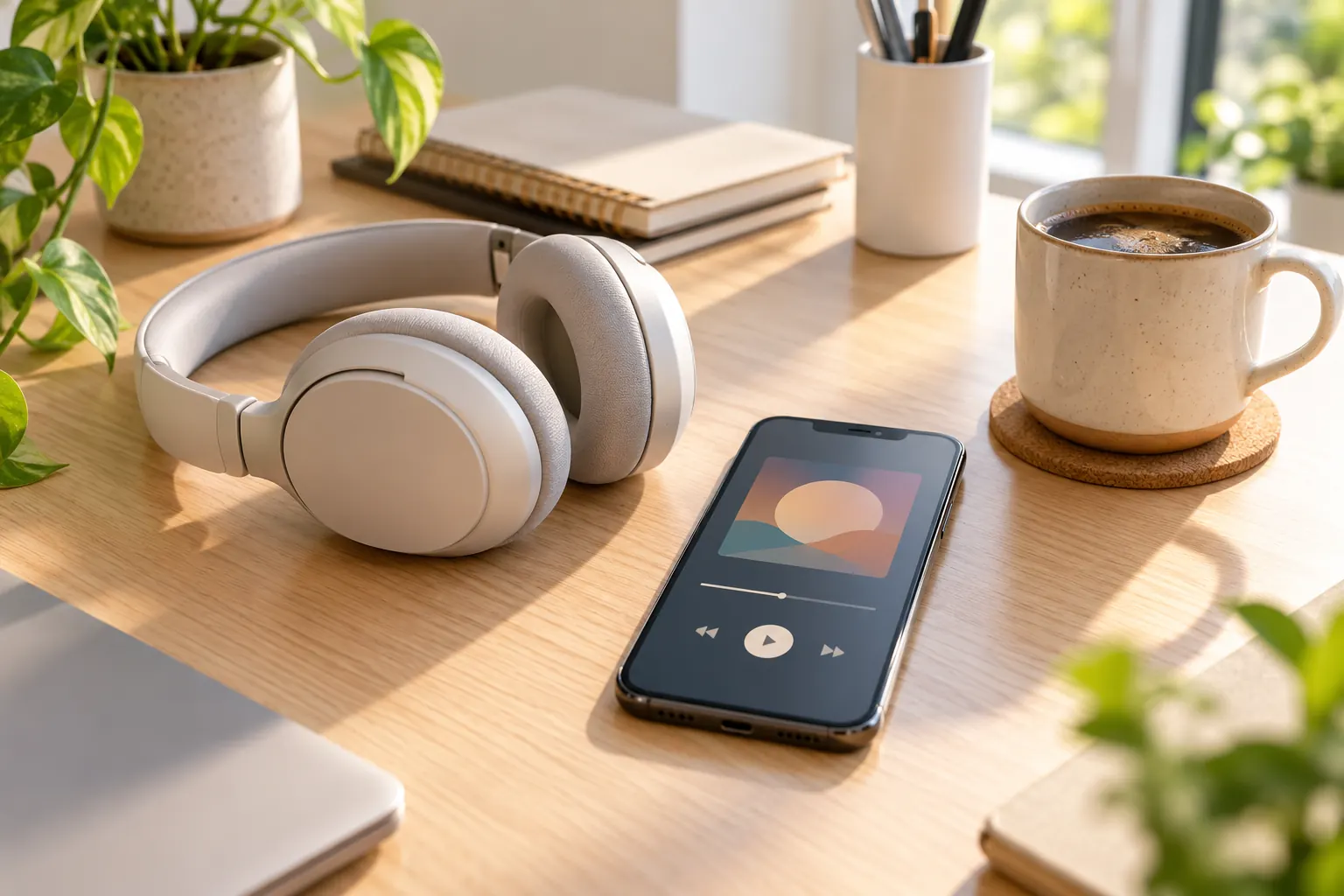 Wireless headphones, a phone with a music player and a coffee mug on a desk in warm light.