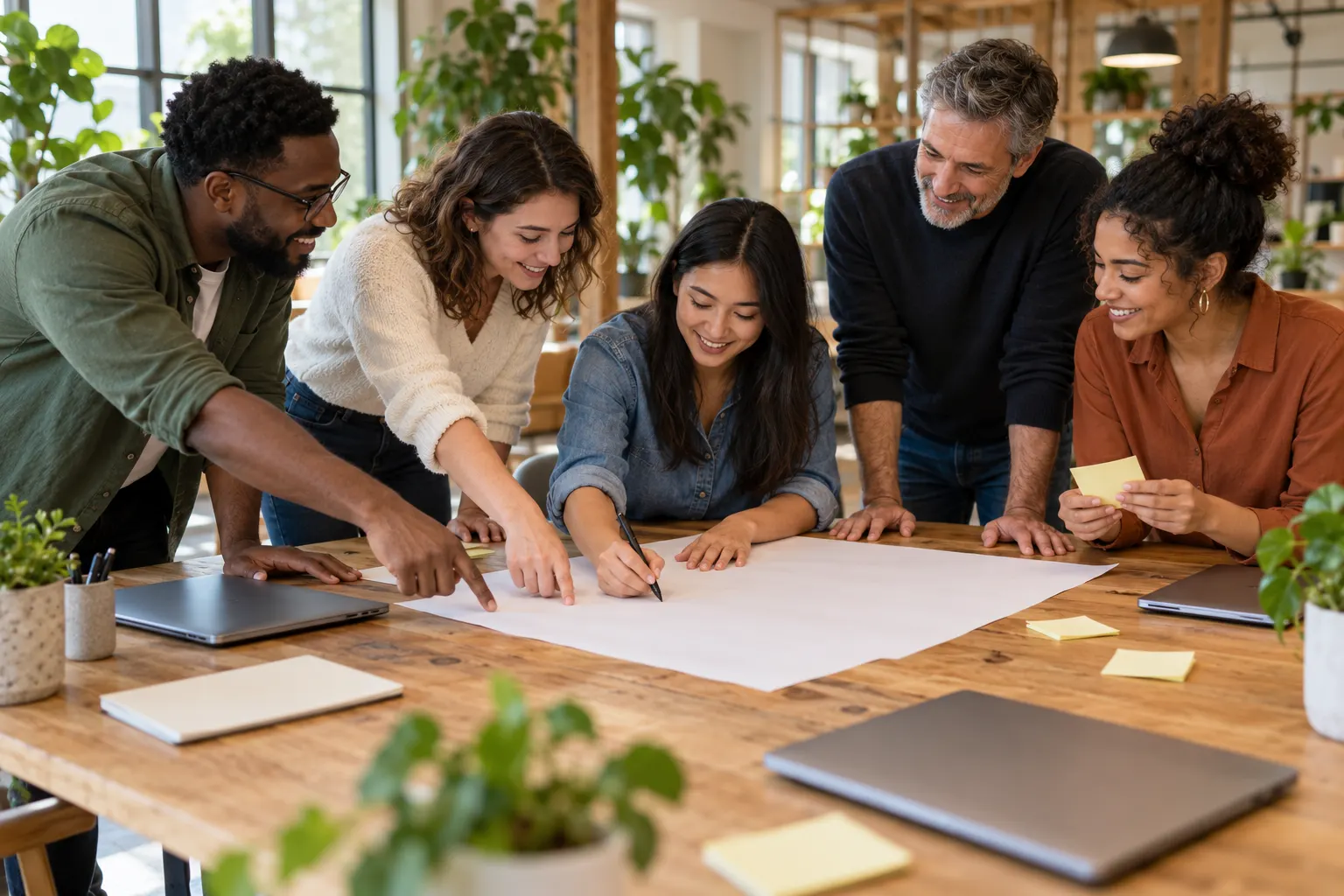 Five smiling coworkers around a wooden table in a plant-filled office, one drawing on a large sheet of paper as two others point at it.