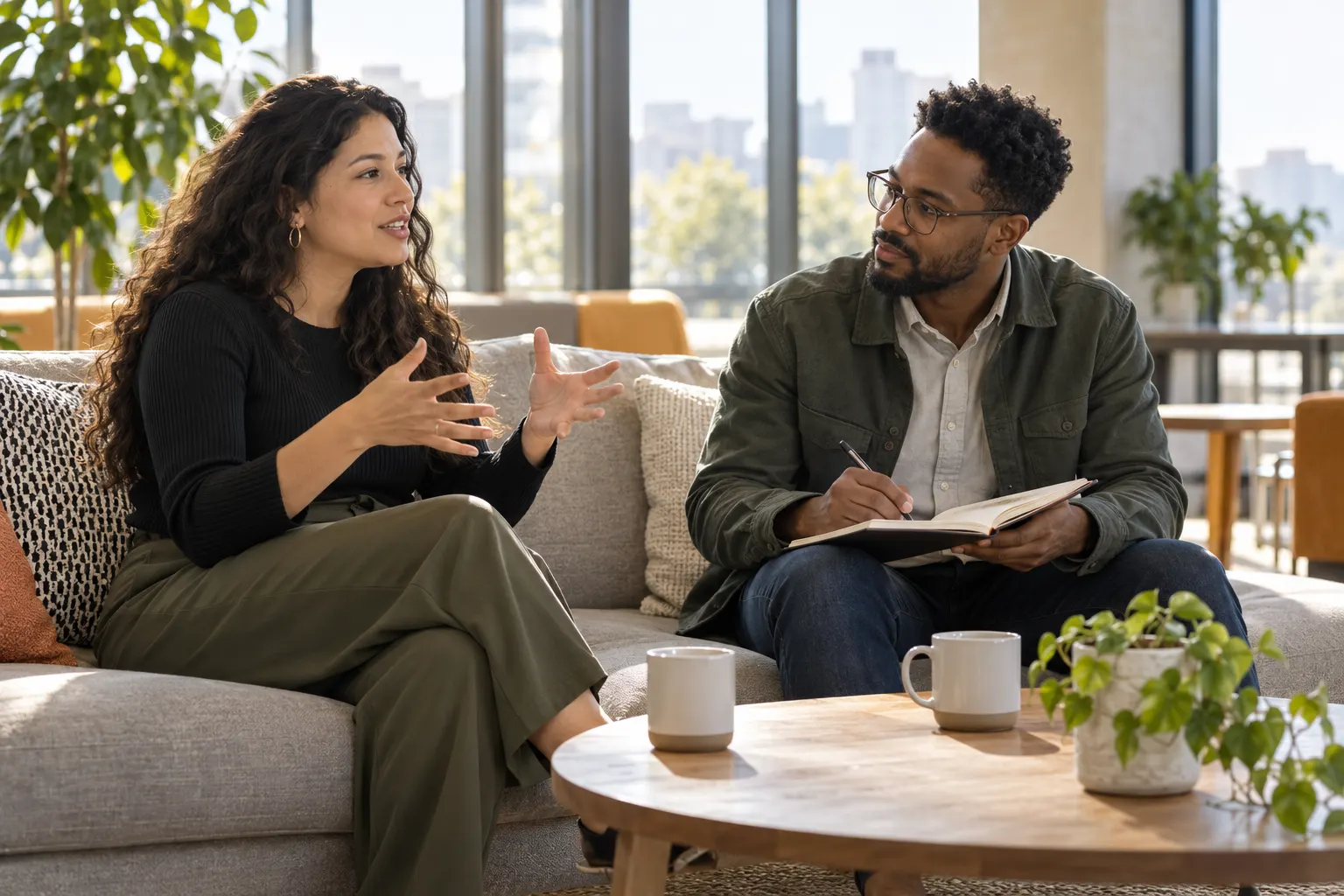 Two colleagues on an office lounge couch, one explaining an idea with her hands while the other takes notes in a notebook.