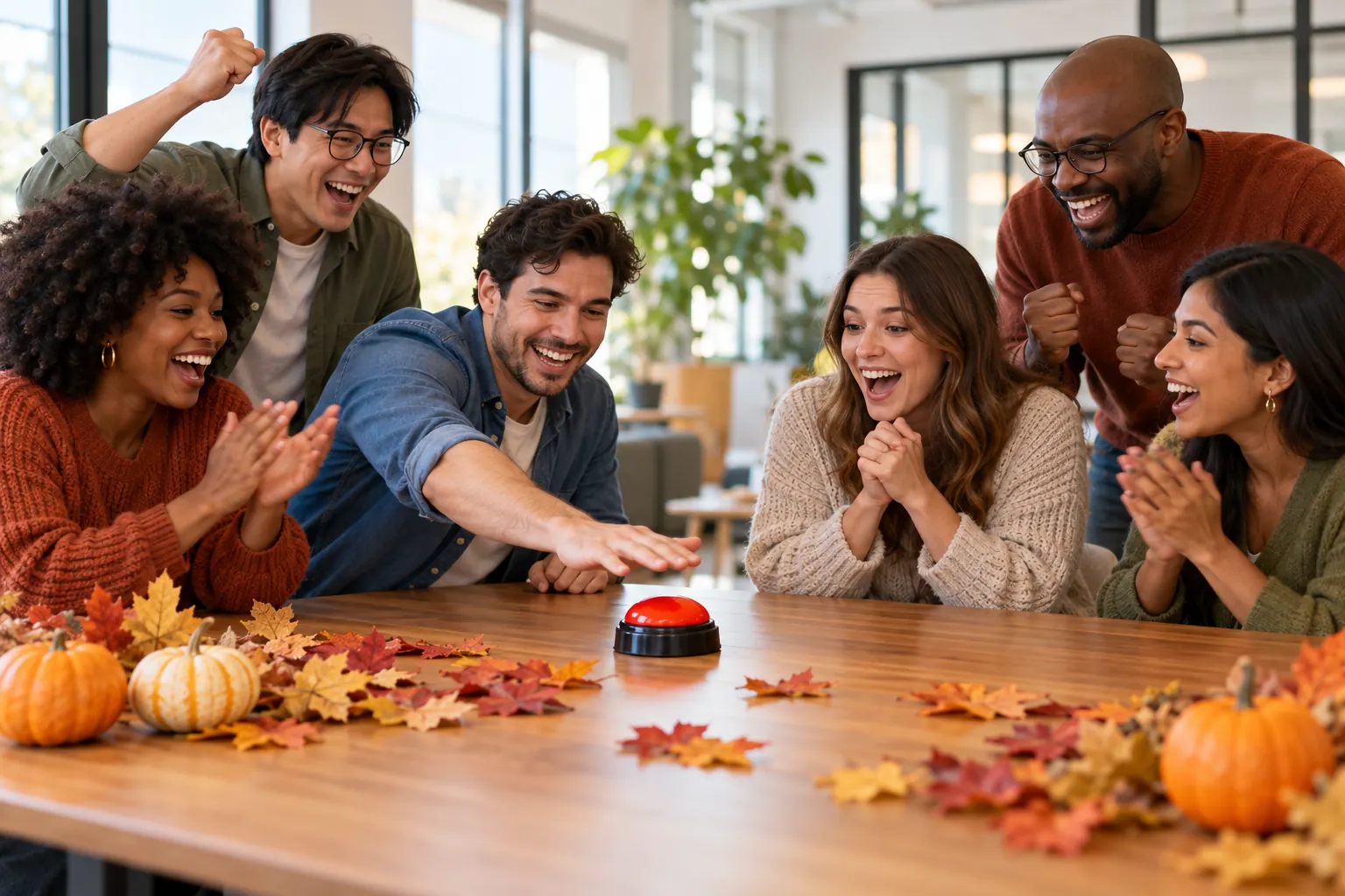 Coworkers cheer as one reaches for a red buzzer on a table with autumn leaves and mini pumpkins.