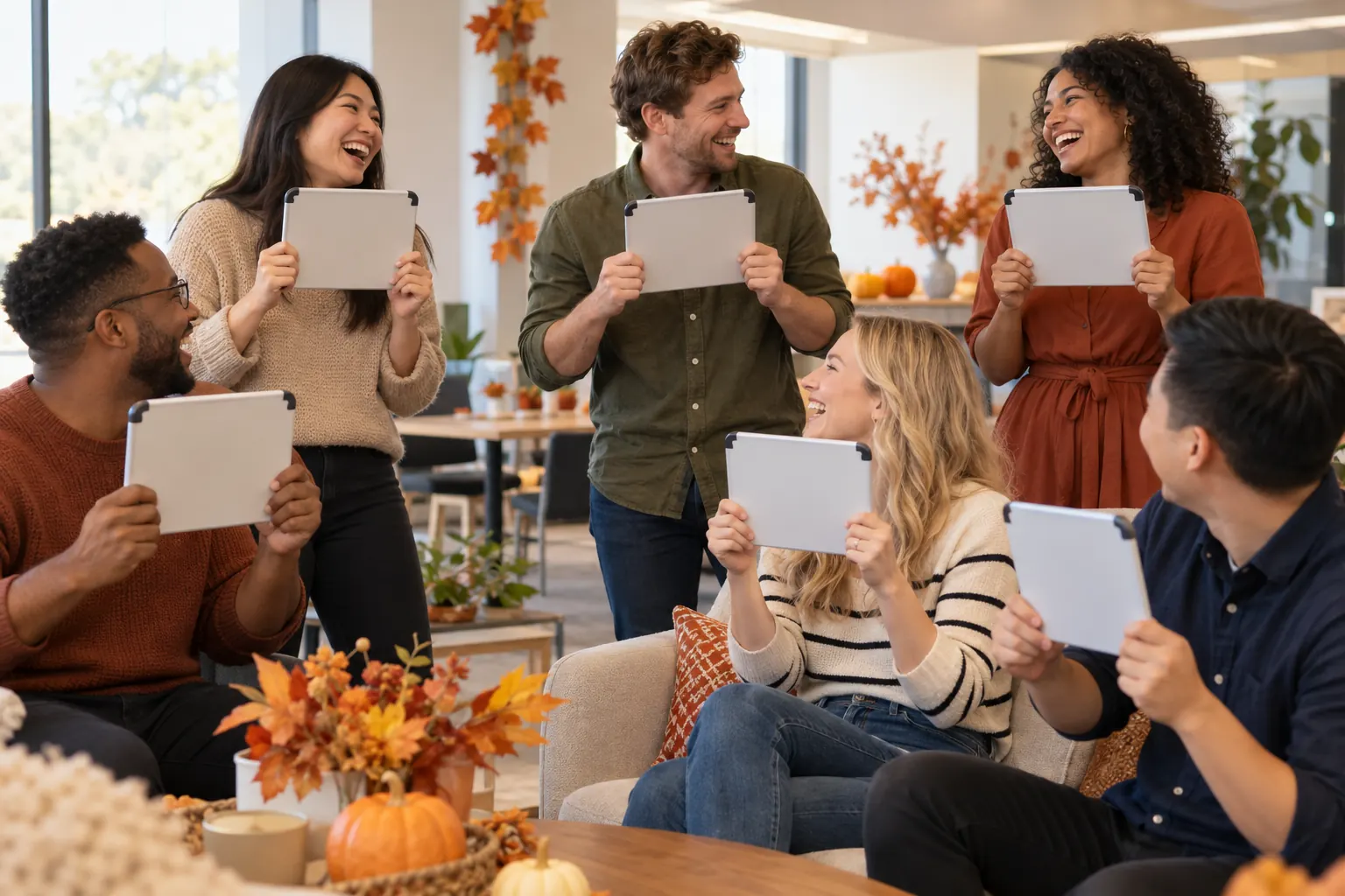 Coworkers at a fall office party laugh as they hold up small whiteboards with their guesses.