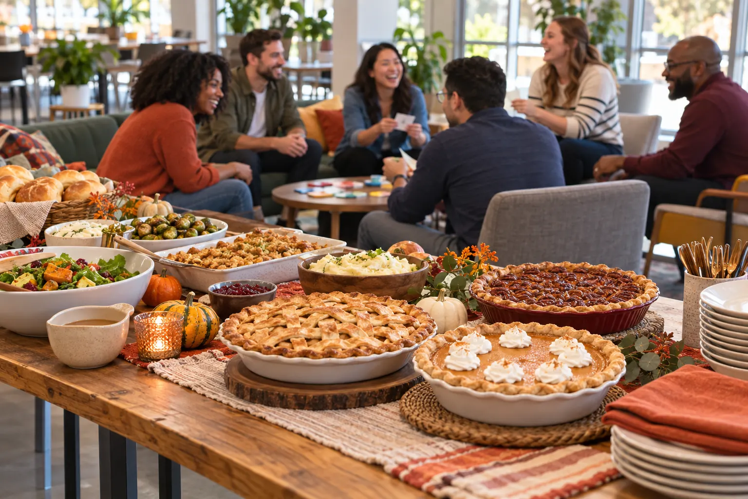 An office potluck table of pies, stuffing and cranberry sauce while coworkers play a game in the background.
