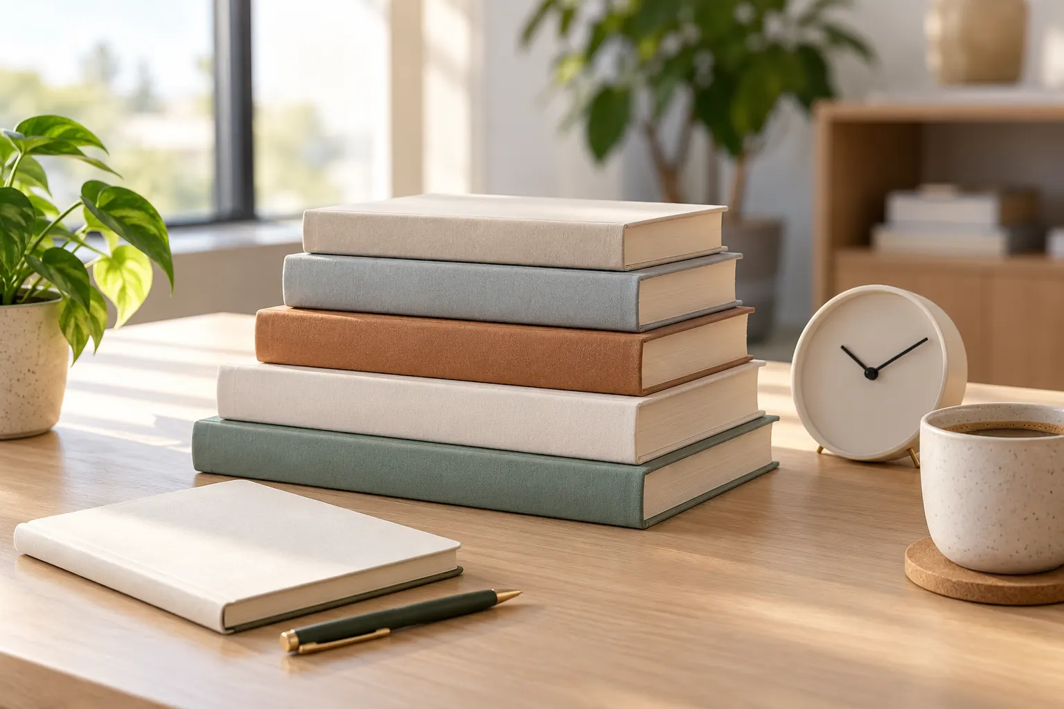 A neat stack of plain hardback books on a desk beside a notebook, pen, clock and coffee.