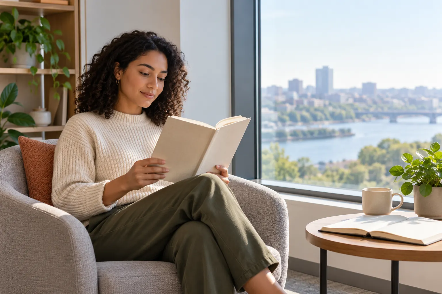 An employee reads a plain book in an armchair by a big office window, another book open beside her.