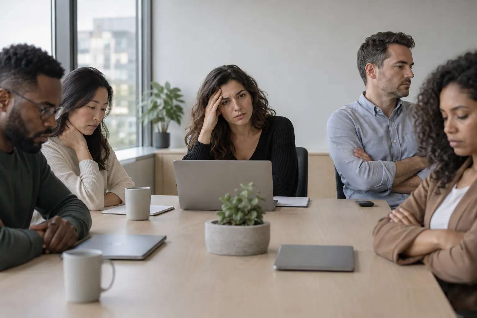 A woman holds her head at a tense meeting table while colleagues look down or sit with crossed arms.