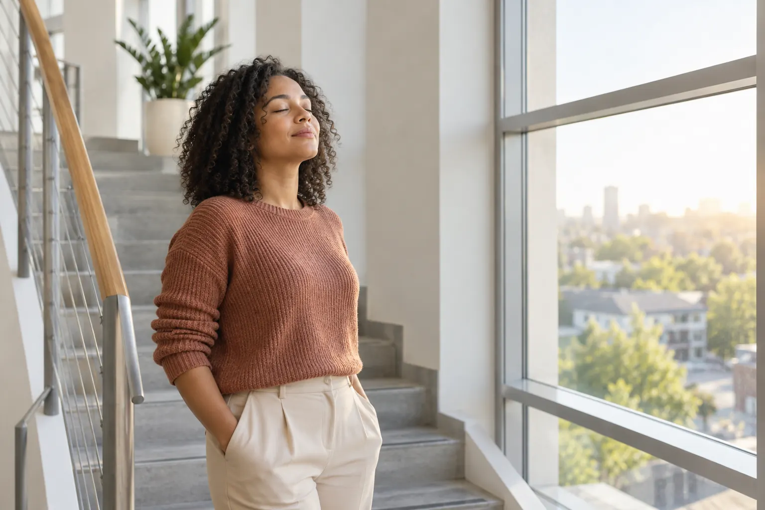 An office worker stands by a sunny stairwell window with her eyes closed, taking a slow breath.