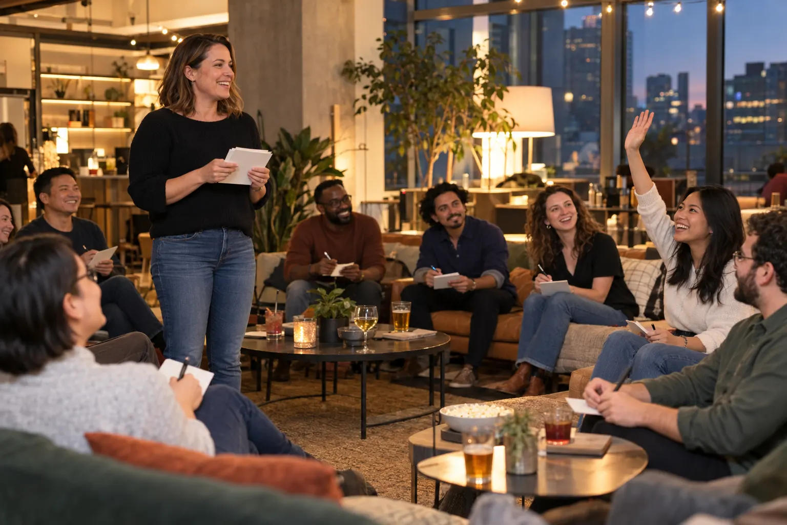 A host reads trivia questions to teams of coworkers at an office happy hour