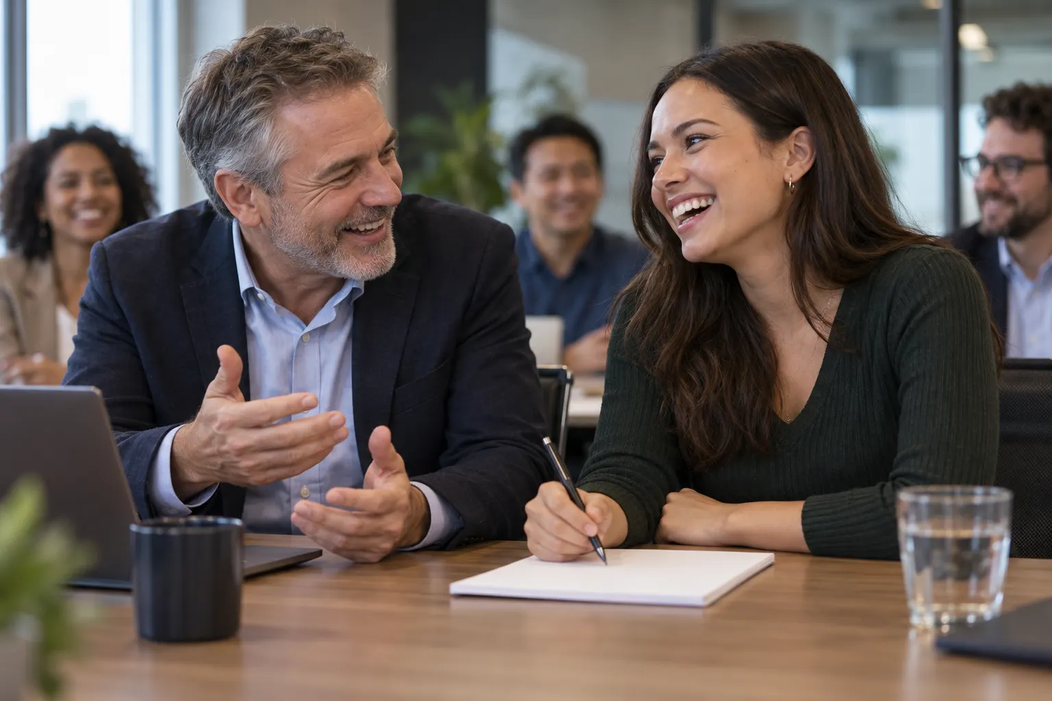 Two coworkers laugh while debating a trivia answer at a conference table