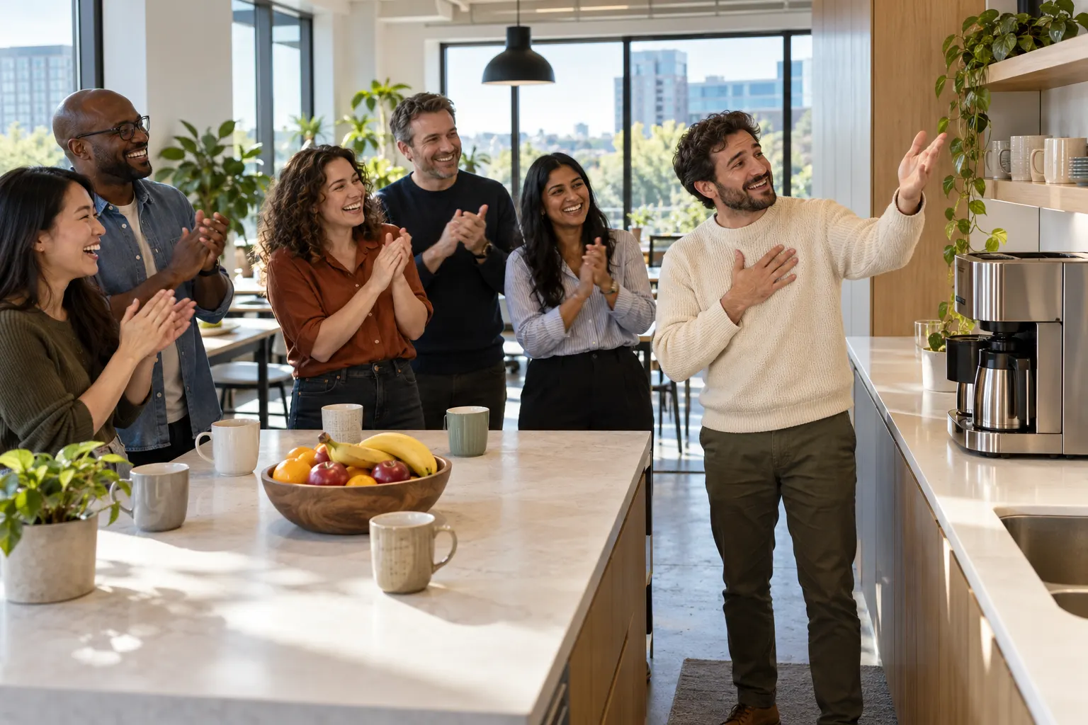 Coworkers in an office kitchen laugh and clap as a colleague gives a mock thank-you speech to the coffee machine