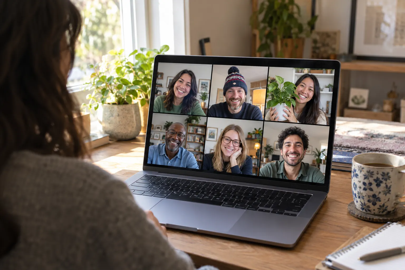 A laptop video call where one remote coworker holds up a houseplant and another wears a winter hat