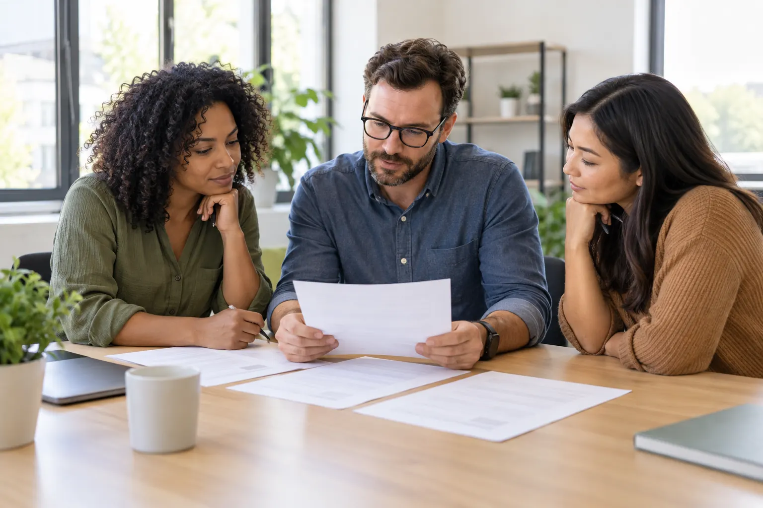 Three colleagues on a hiring panel read printed resumes together and talk them through at a meeting table.