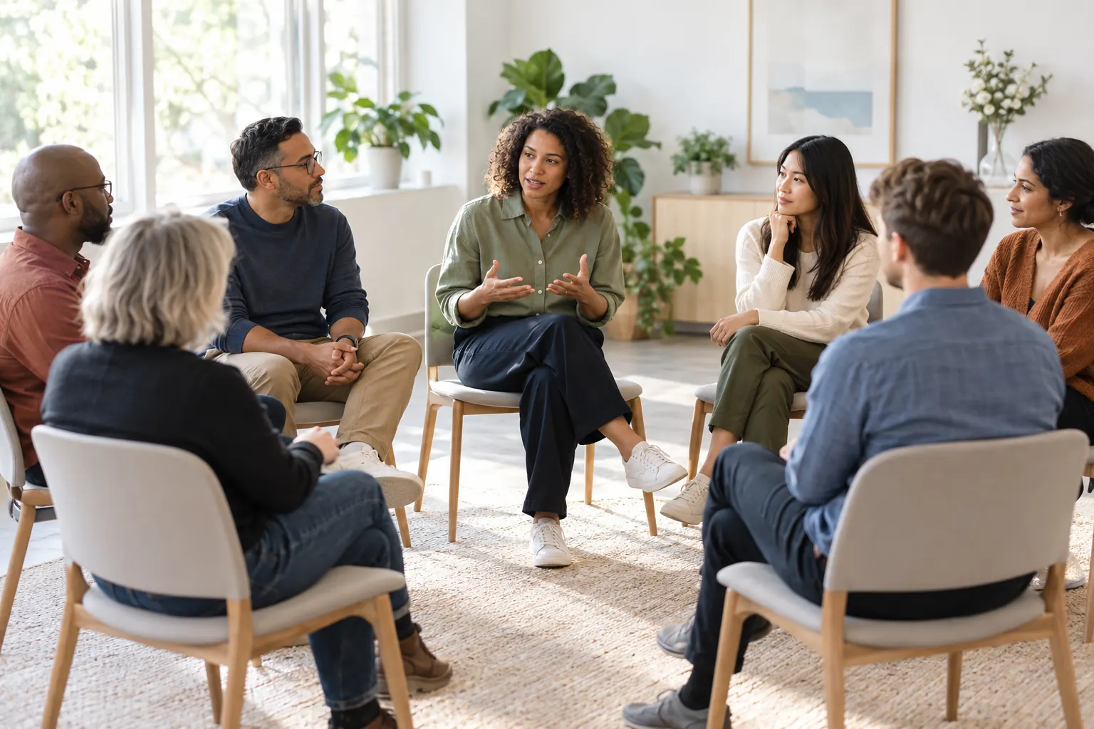 Colleagues sit in a circle of chairs in a workshop room and listen to a facilitator.
