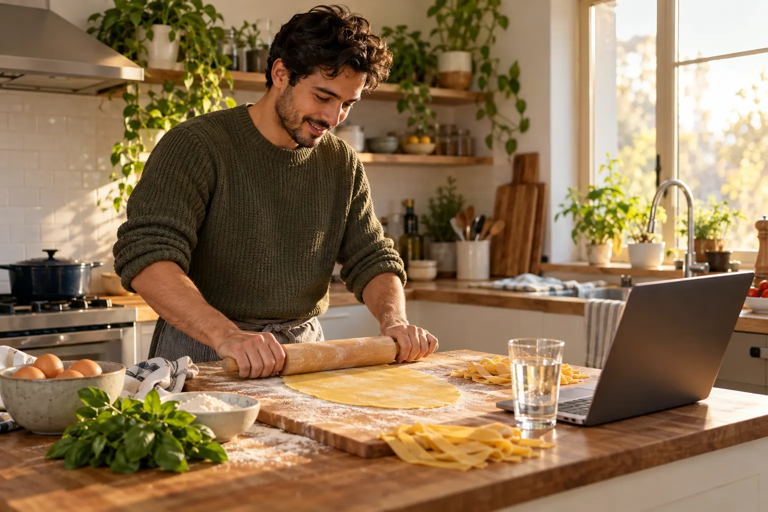 A man rolls fresh pasta dough at his home kitchen counter while following a live class on a laptop beside him