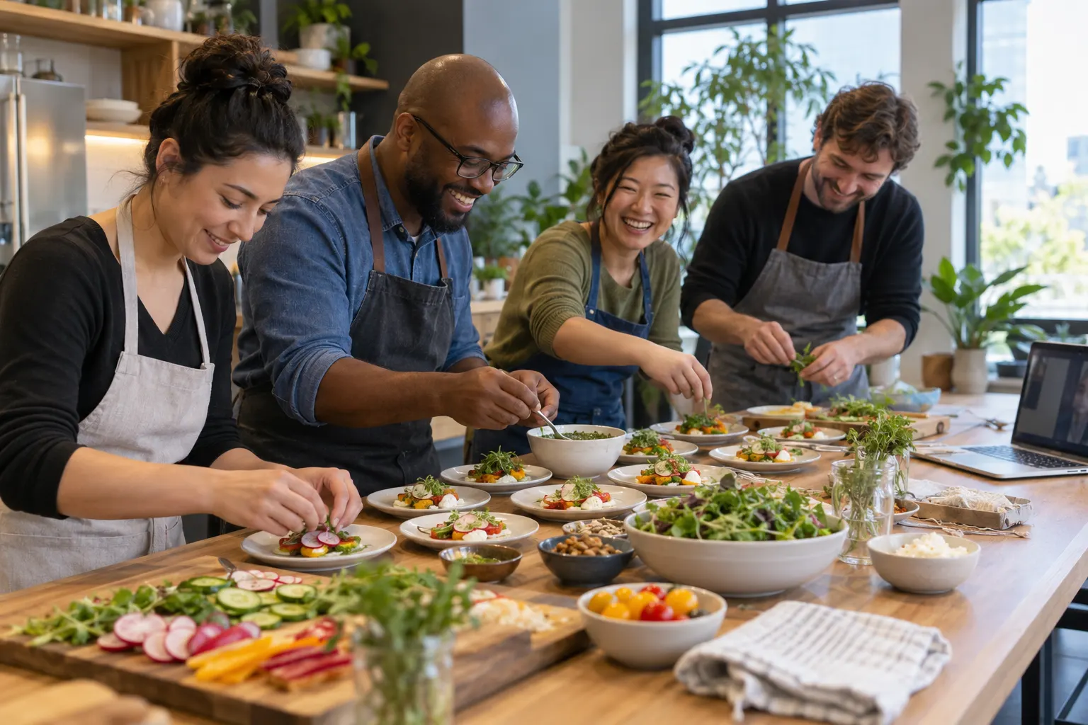 Four coworkers in aprons assemble small appetizer plates together at an office kitchen table, with a laptop at the end of the table