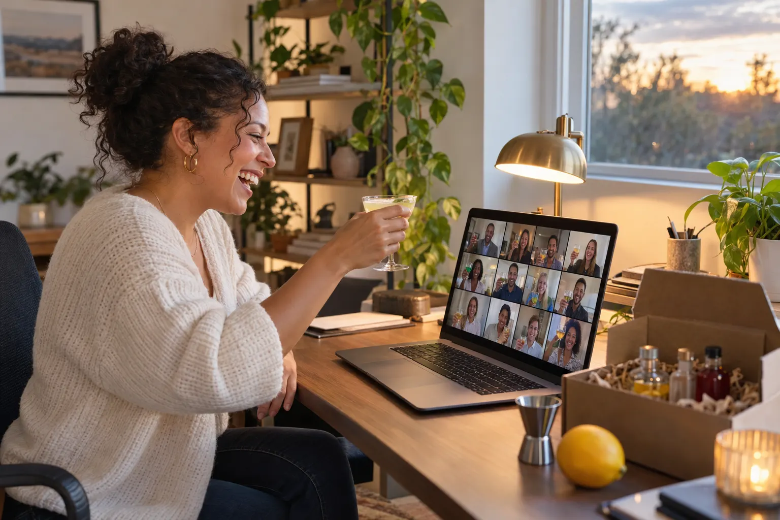 A remote employee raises a cocktail toward a laptop video call full of coworkers, with a kit box of bottles and citrus beside her
