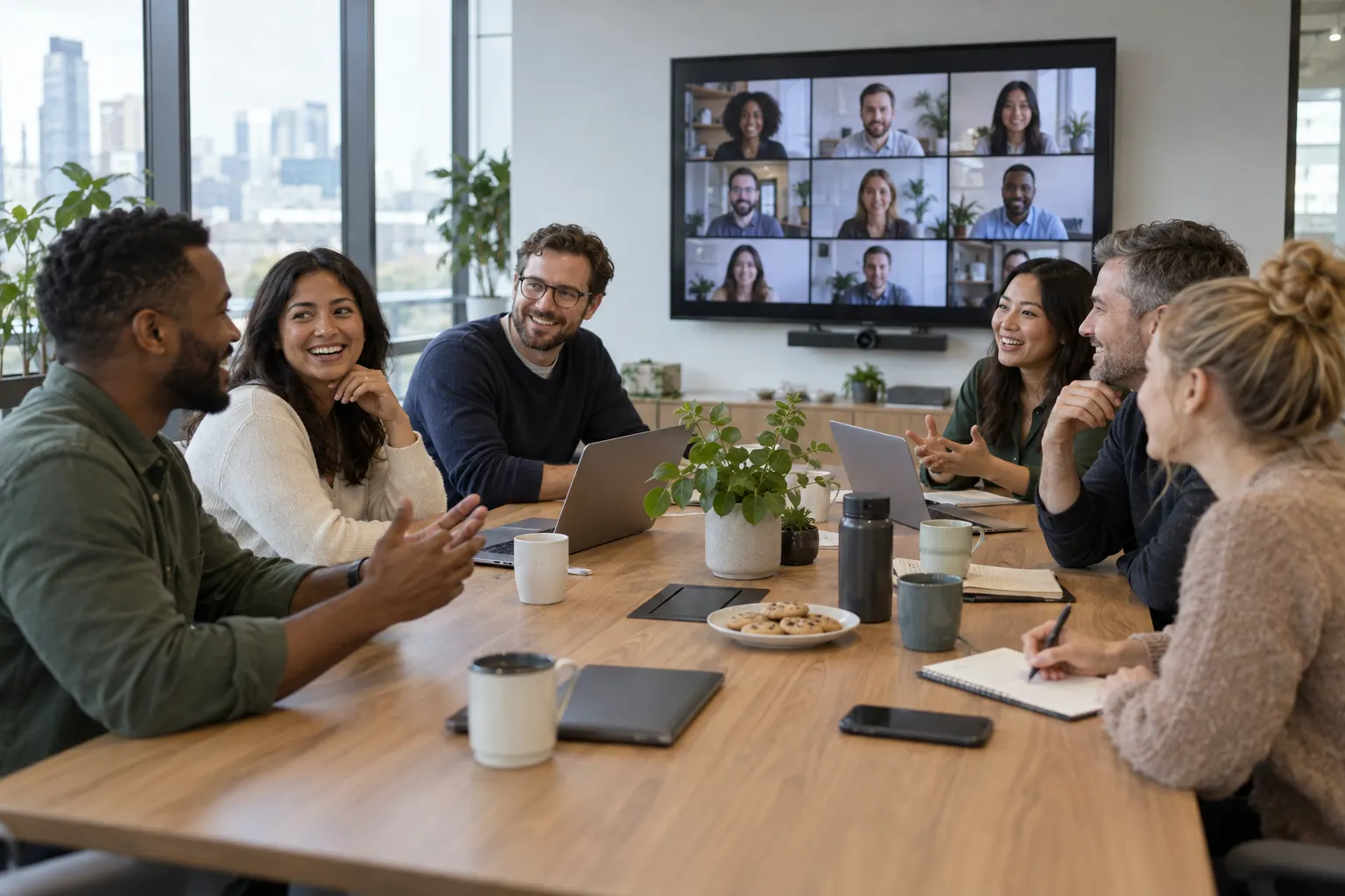 Office coworkers around a meeting table laugh with remote colleagues shown on a large wall screen