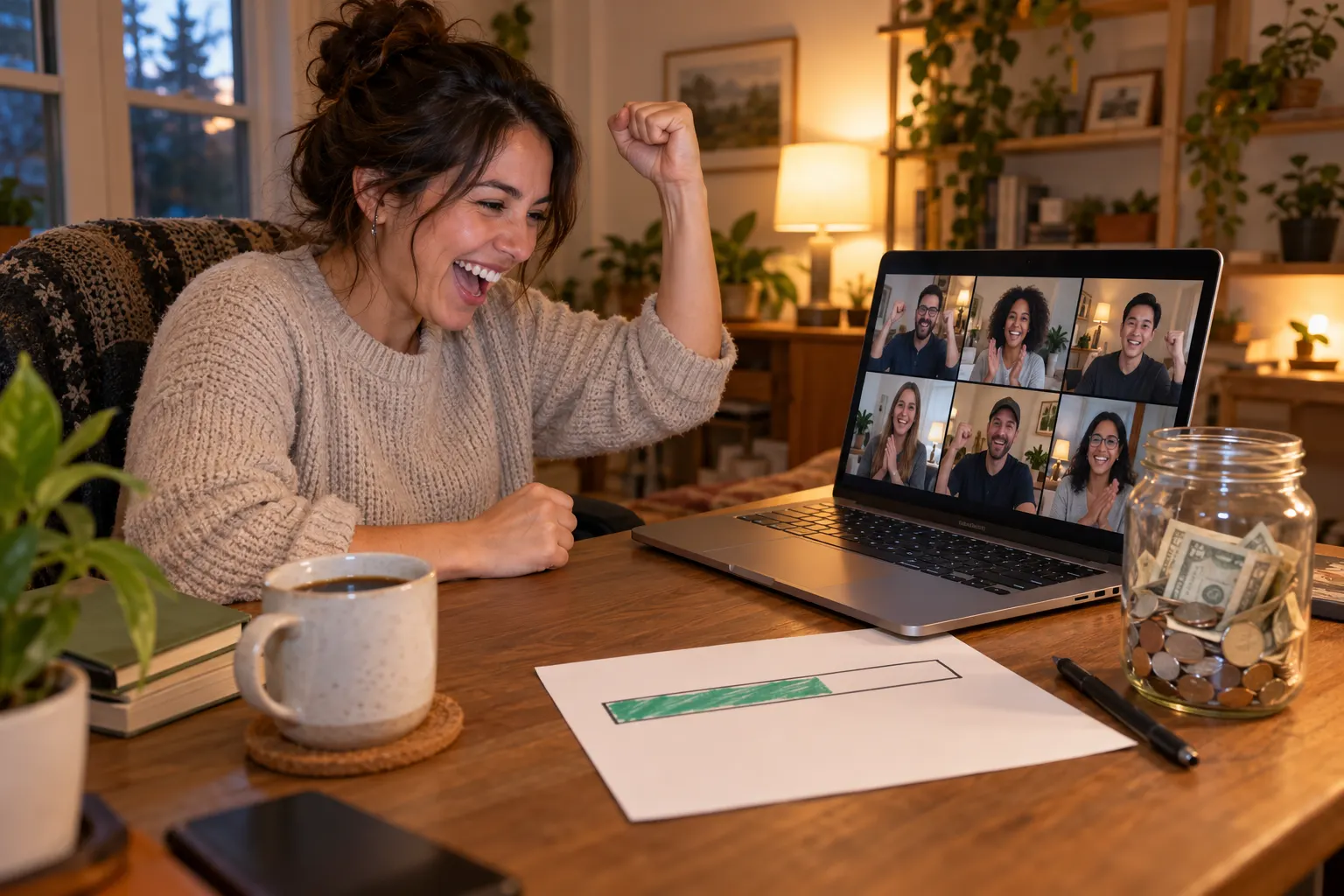A remote worker cheers at a laptop video call with coworkers, next to a jar of cash and a hand-drawn progress bar.