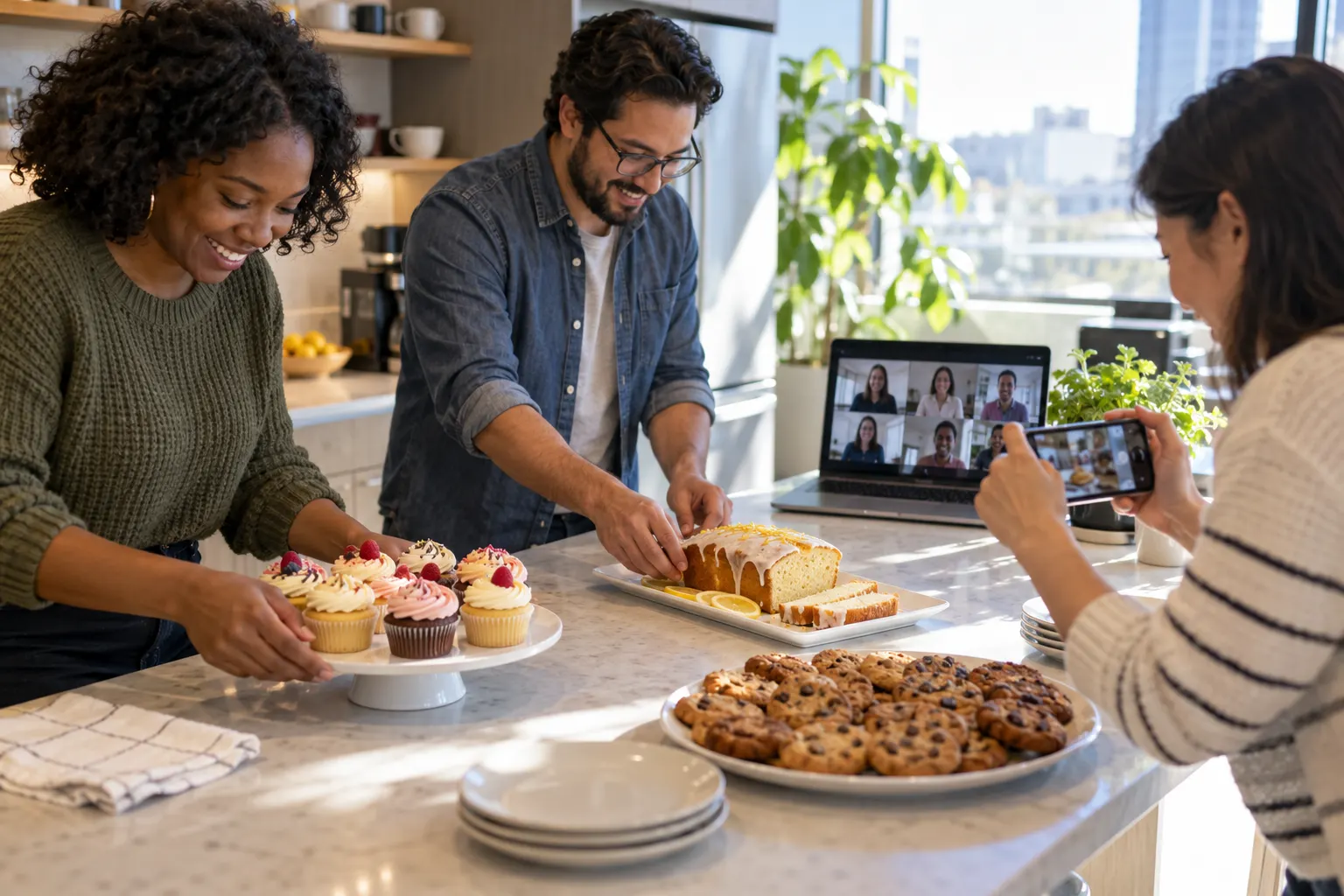Three coworkers set out cupcakes, a lemon loaf and cookies on an office counter while remote colleagues watch on a laptop.
