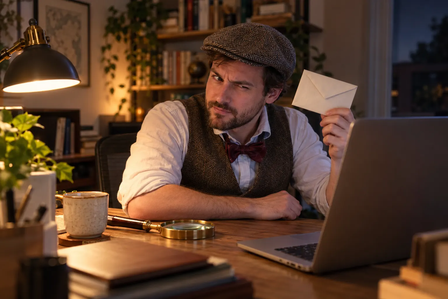 A remote employee in a flat cap, waistcoat and bow tie squints suspiciously as he holds up a sealed envelope beside his laptop, a magnifying glass on the desk
