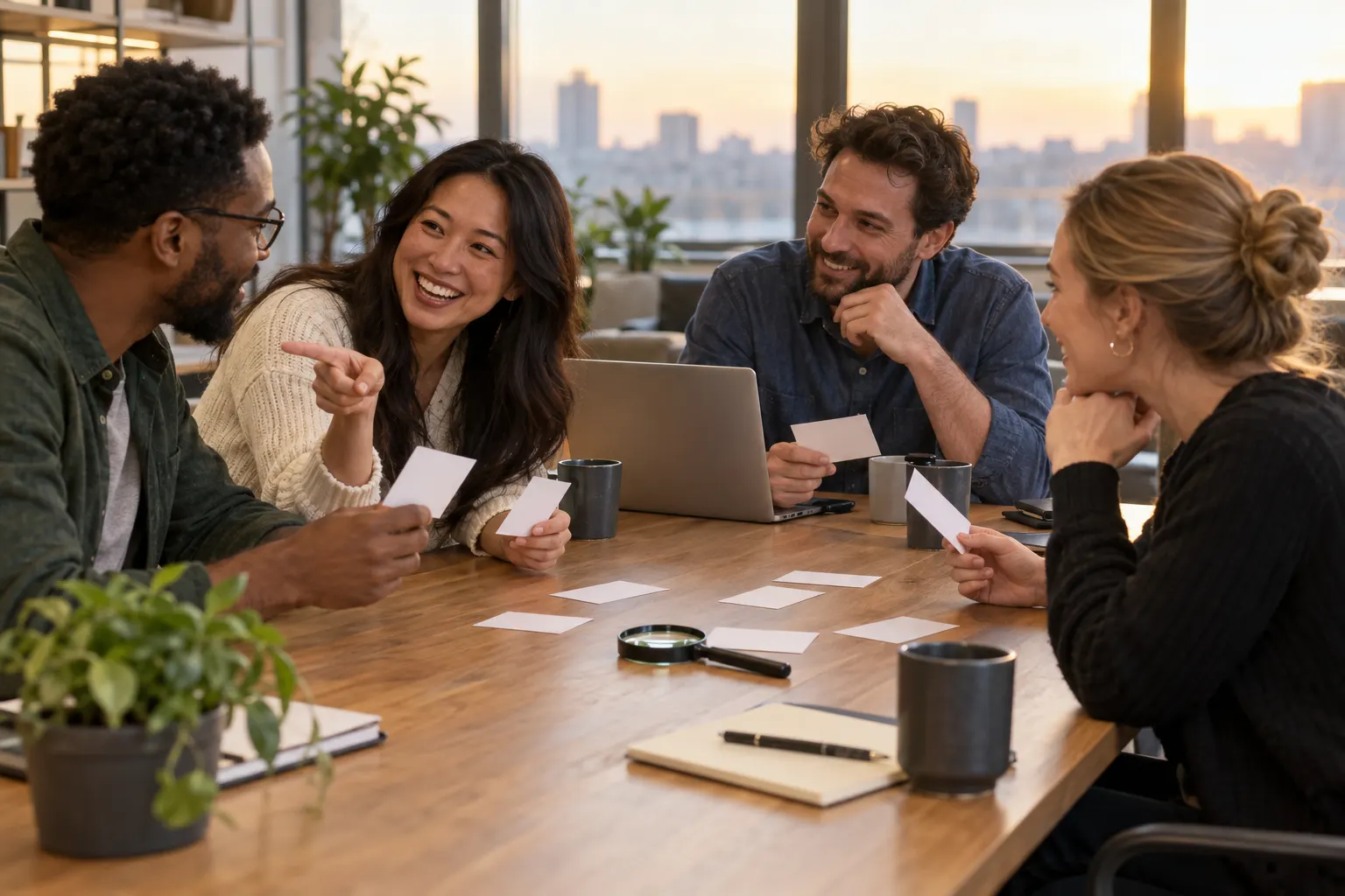 Four coworkers at an office table compare clue cards and laugh as one points at a colleague during a mystery game