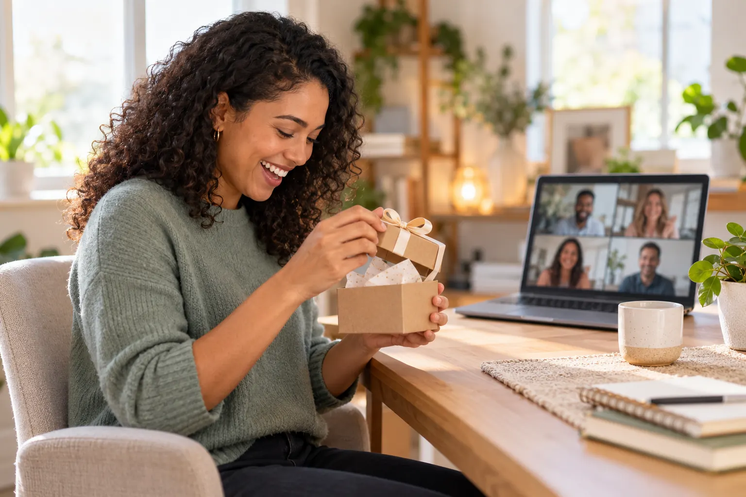 A remote employee unwraps a small gift at a home desk while smiling colleagues watch on a video call.
