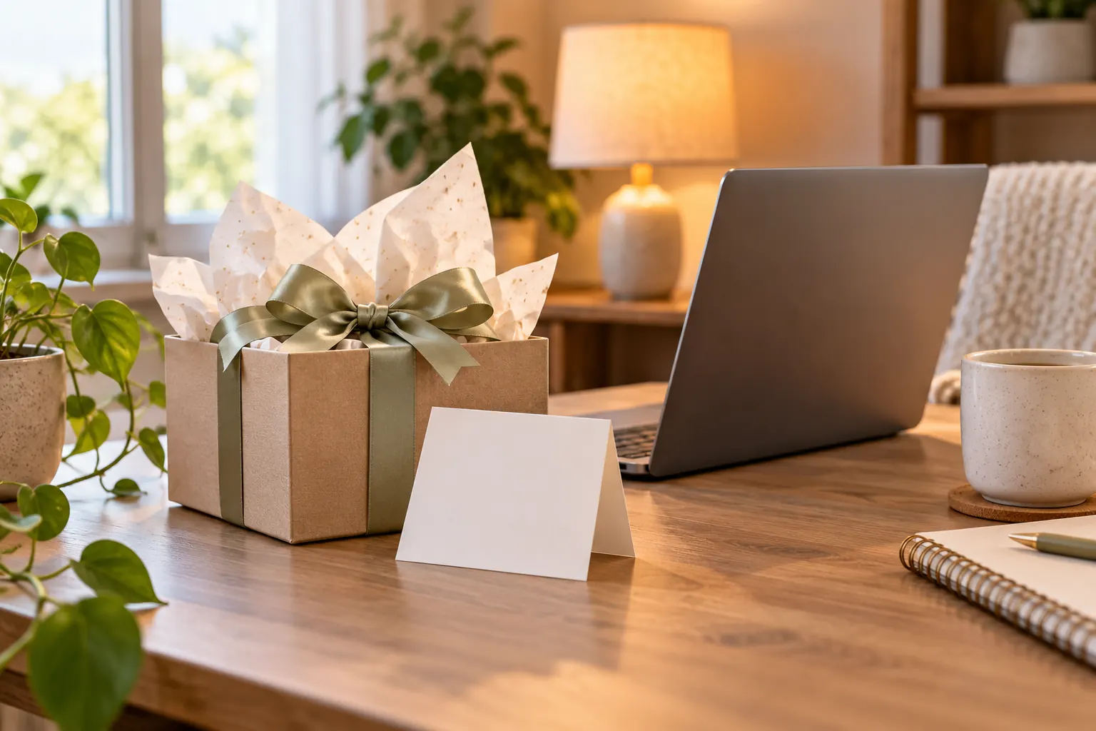 A gift box with tissue paper and a blank folded card beside a laptop on a lamplit home desk.