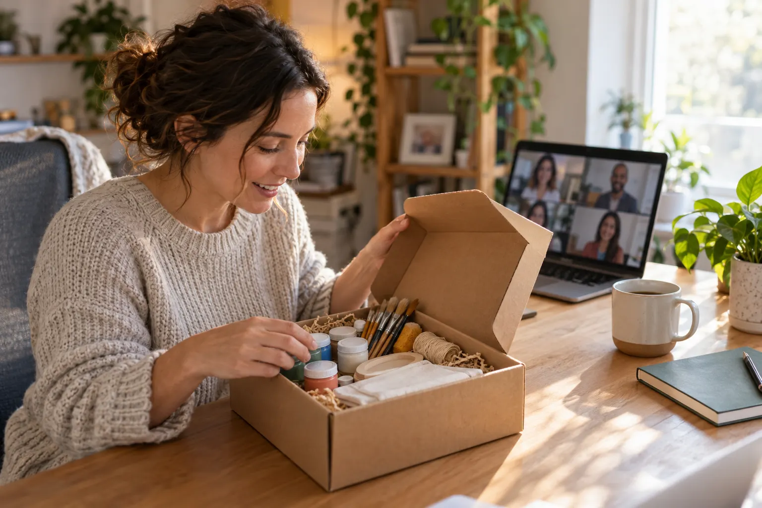 A woman at her home desk opens a kit of paint jars and brushes as coworkers smile on a video call