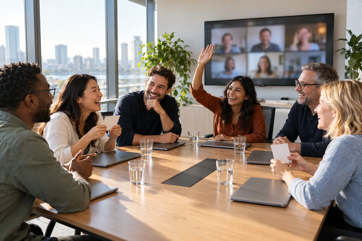 Six coworkers laugh around a conference table, one raising a hand, with remote teammates on a wall screen