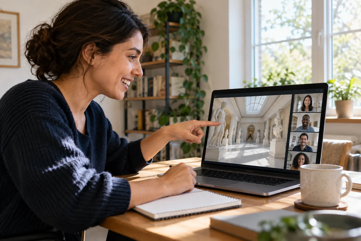 A remote worker points at a laptop showing coworkers on a call beside a shared view of a sculpture gallery.