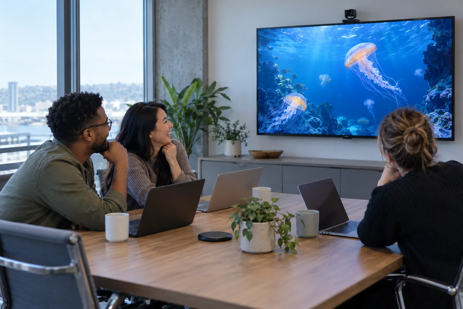 Three coworkers in a meeting room watch jellyfish drifting on a live aquarium camera shown on a wall TV.