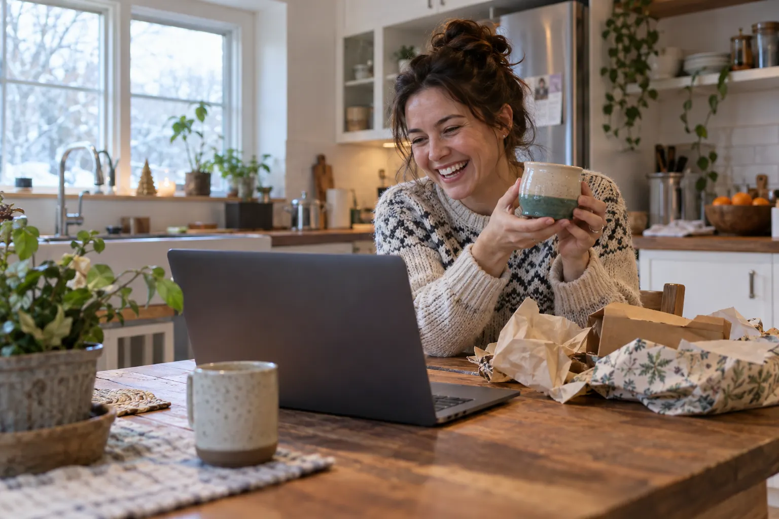 A woman at her kitchen table laughs at her laptop while holding up a mug she just unwrapped