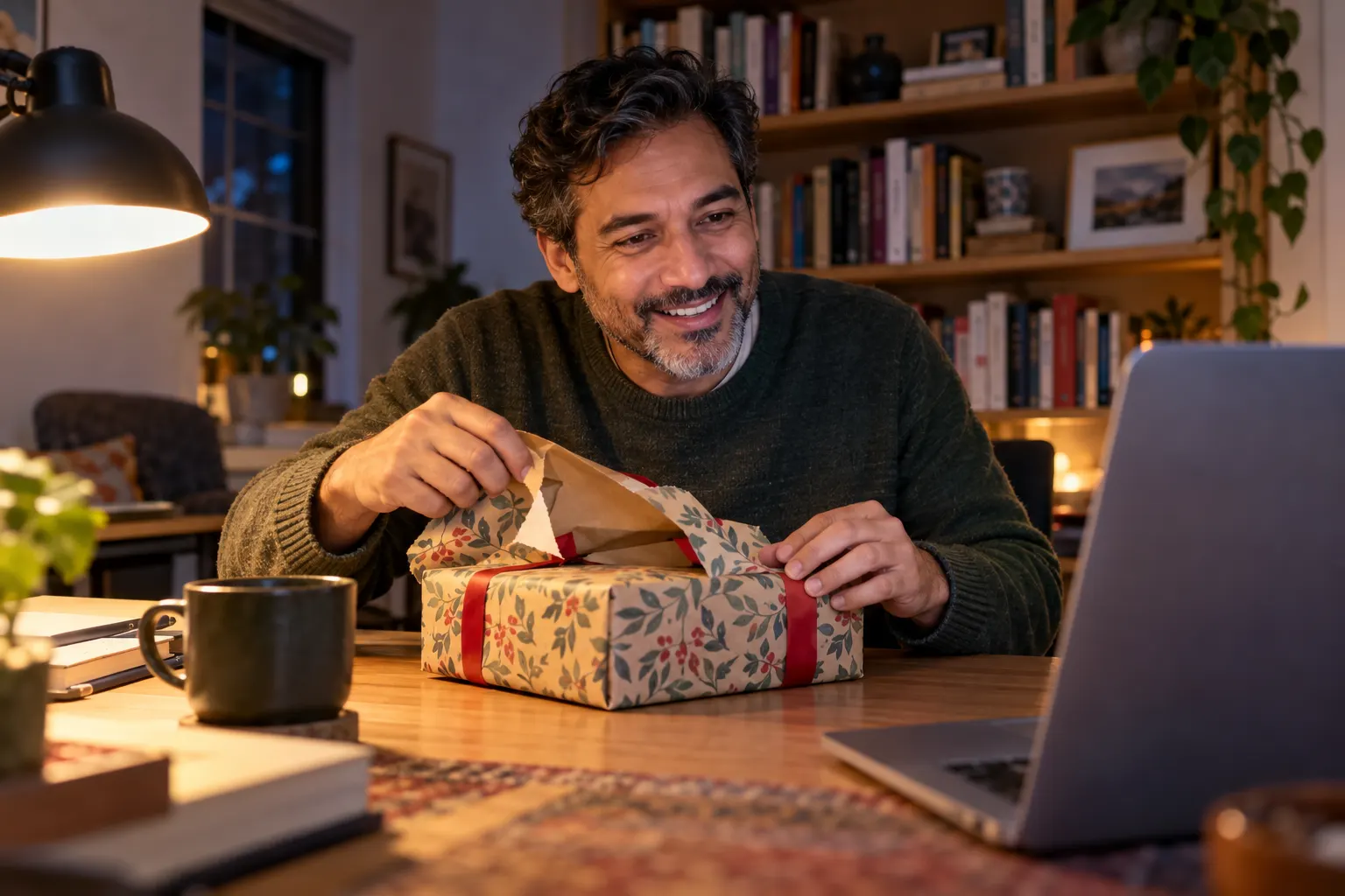 A man at a home desk in the evening unwraps a present in front of his laptop on a video call