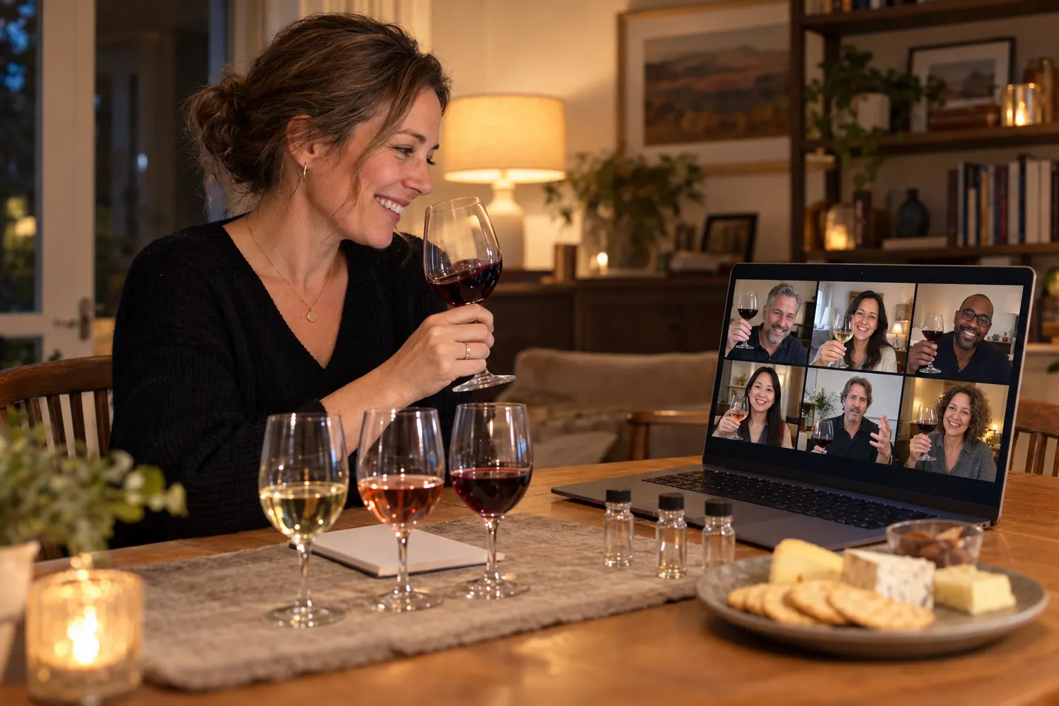 A woman sips red wine on a video call with coworkers, three tasting glasses and a cheese plate beside her