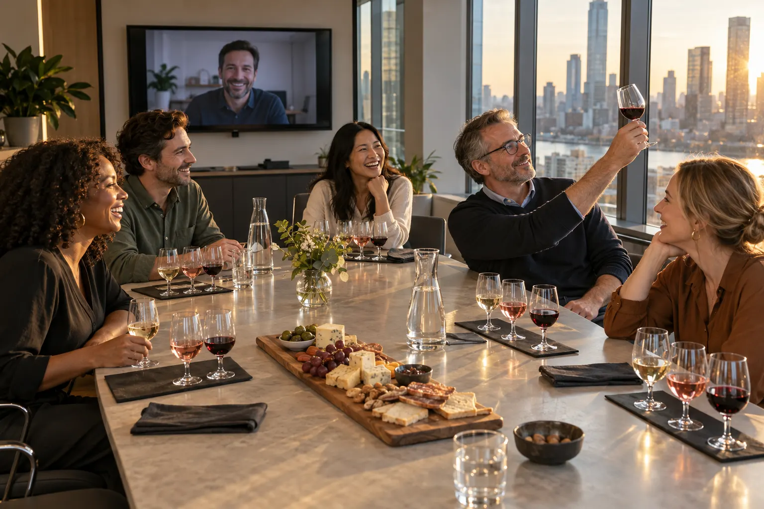 Five colleagues in a conference room taste white, rose and red wines while a host joins on screen