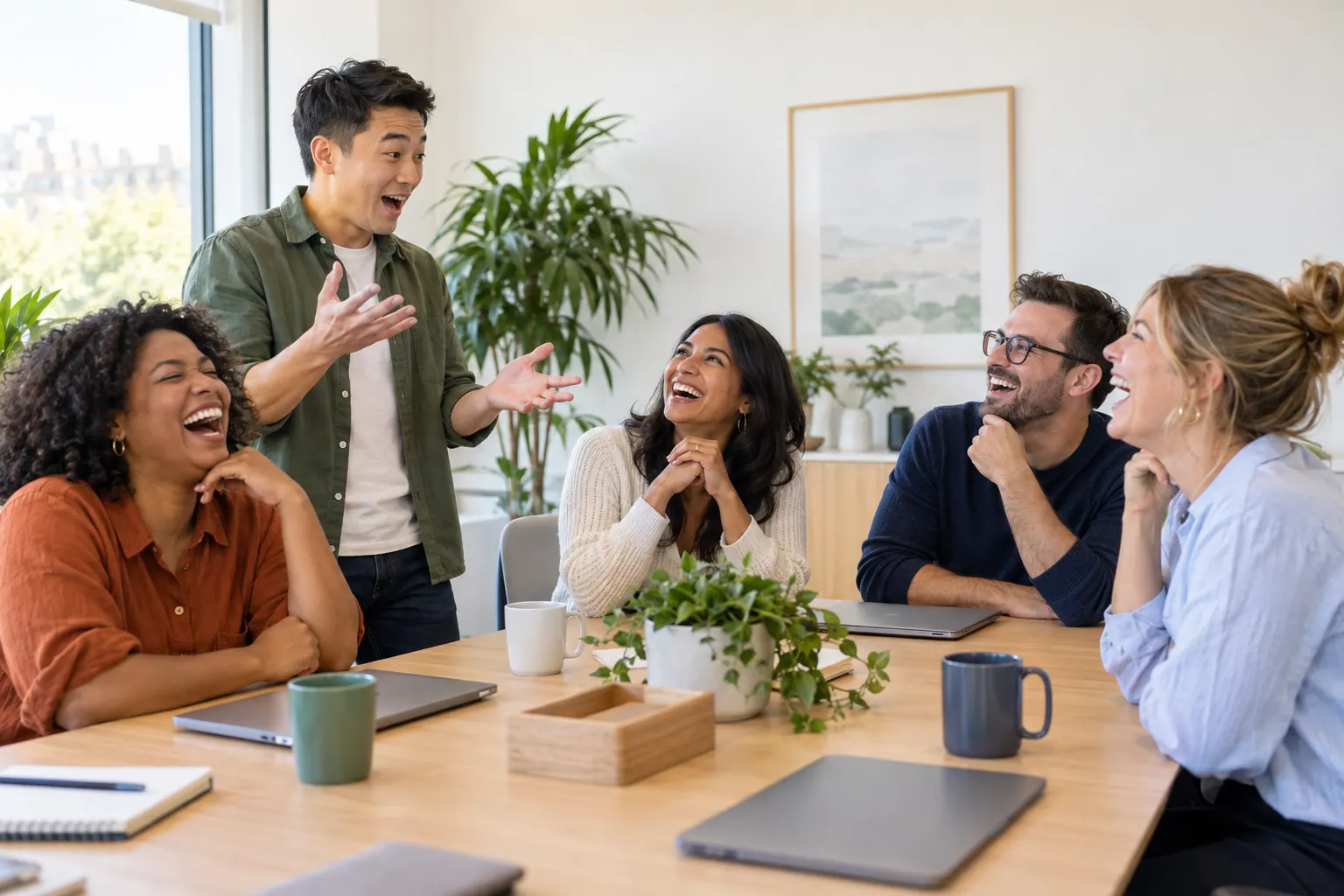Coworkers around a meeting table burst out laughing as a standing colleague gestures mid-story.