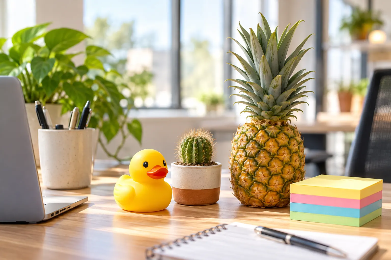 A rubber duck, a small cactus, a pineapple and a stack of sticky notes sit on a sunny desk.