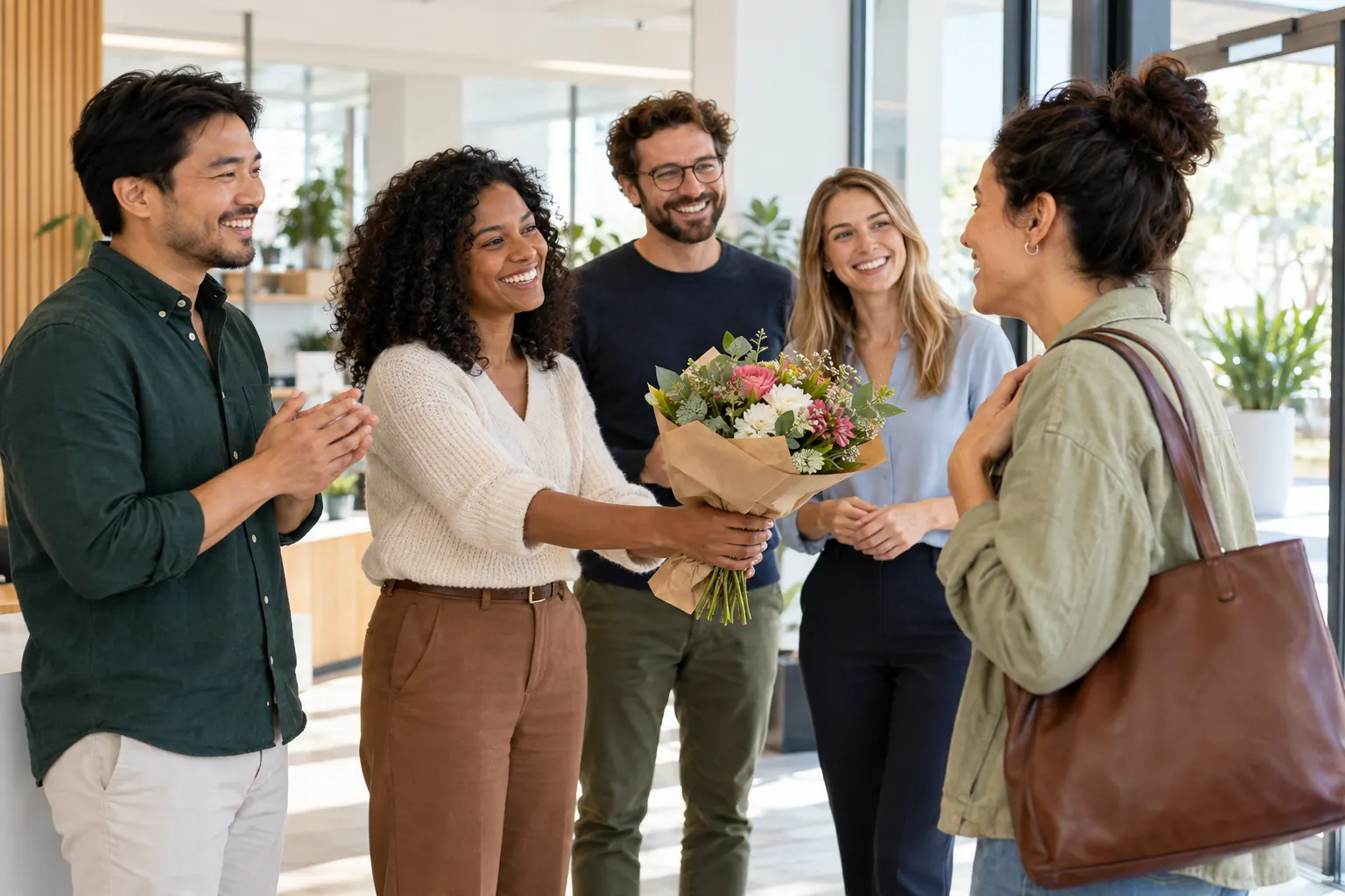 Smiling coworkers greet a returning colleague in a bright office lobby, one handing her a bouquet.