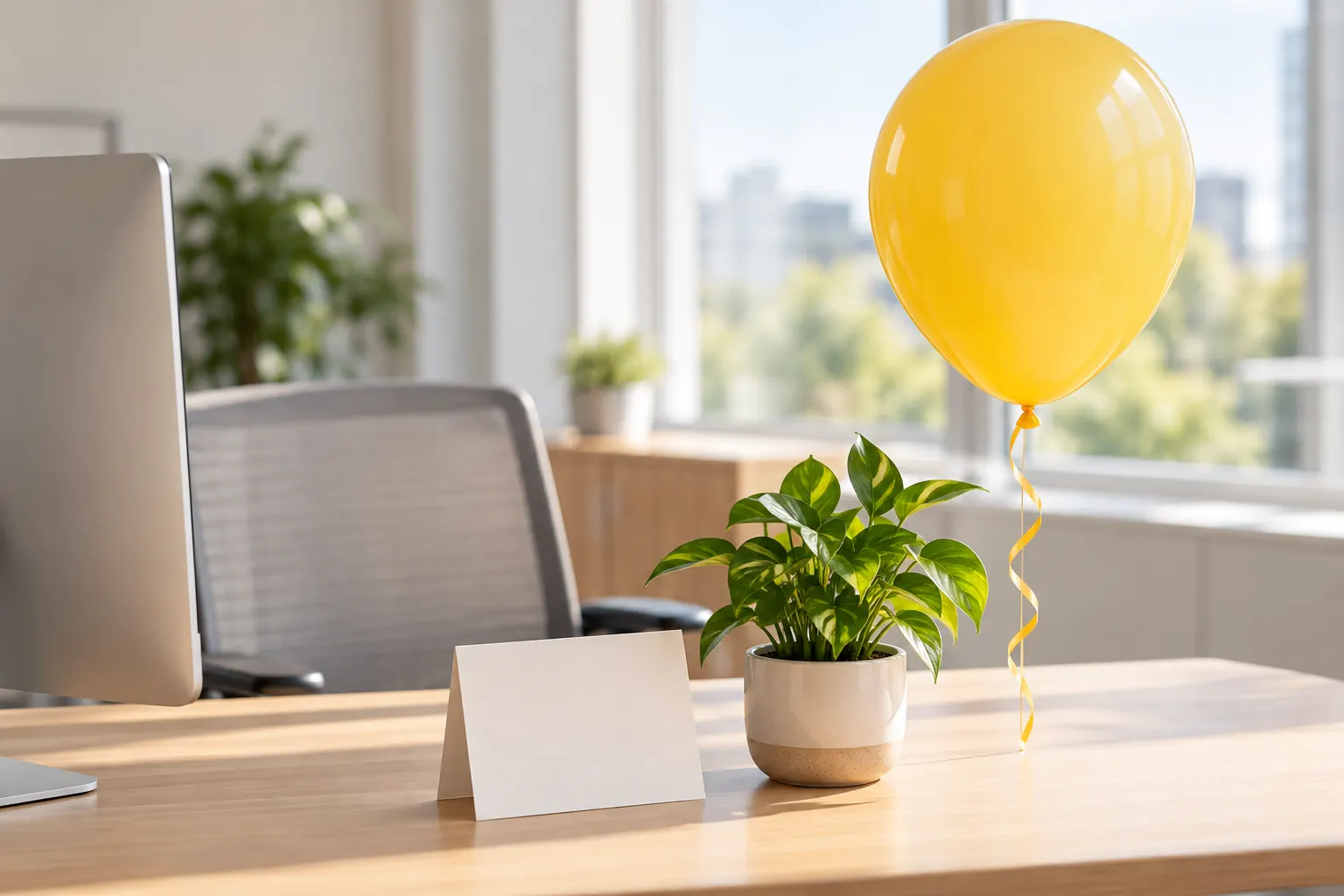 A sunny office desk with a yellow balloon, a blank greeting card and a small potted plant.