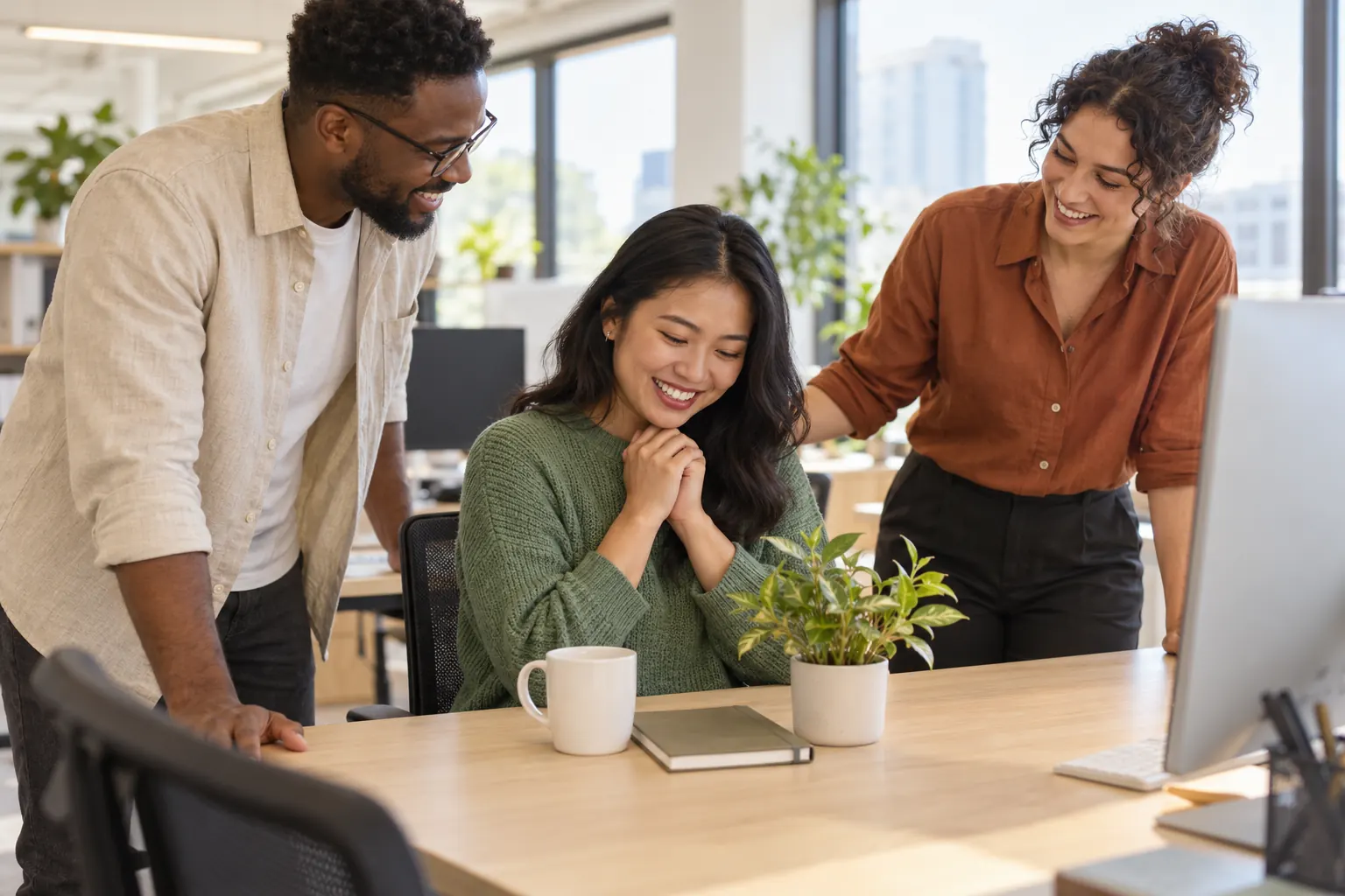 A new employee smiles at her desk, with a mug and a small plant, as two coworkers greet her.