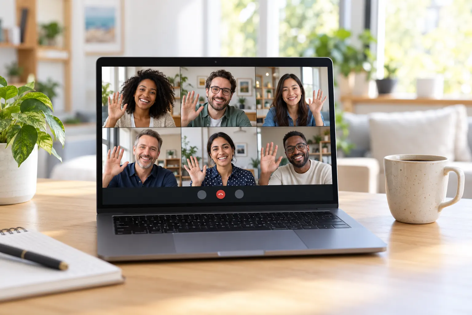 Six coworkers wave hello on a laptop video call, set on a bright desk beside a coffee mug.