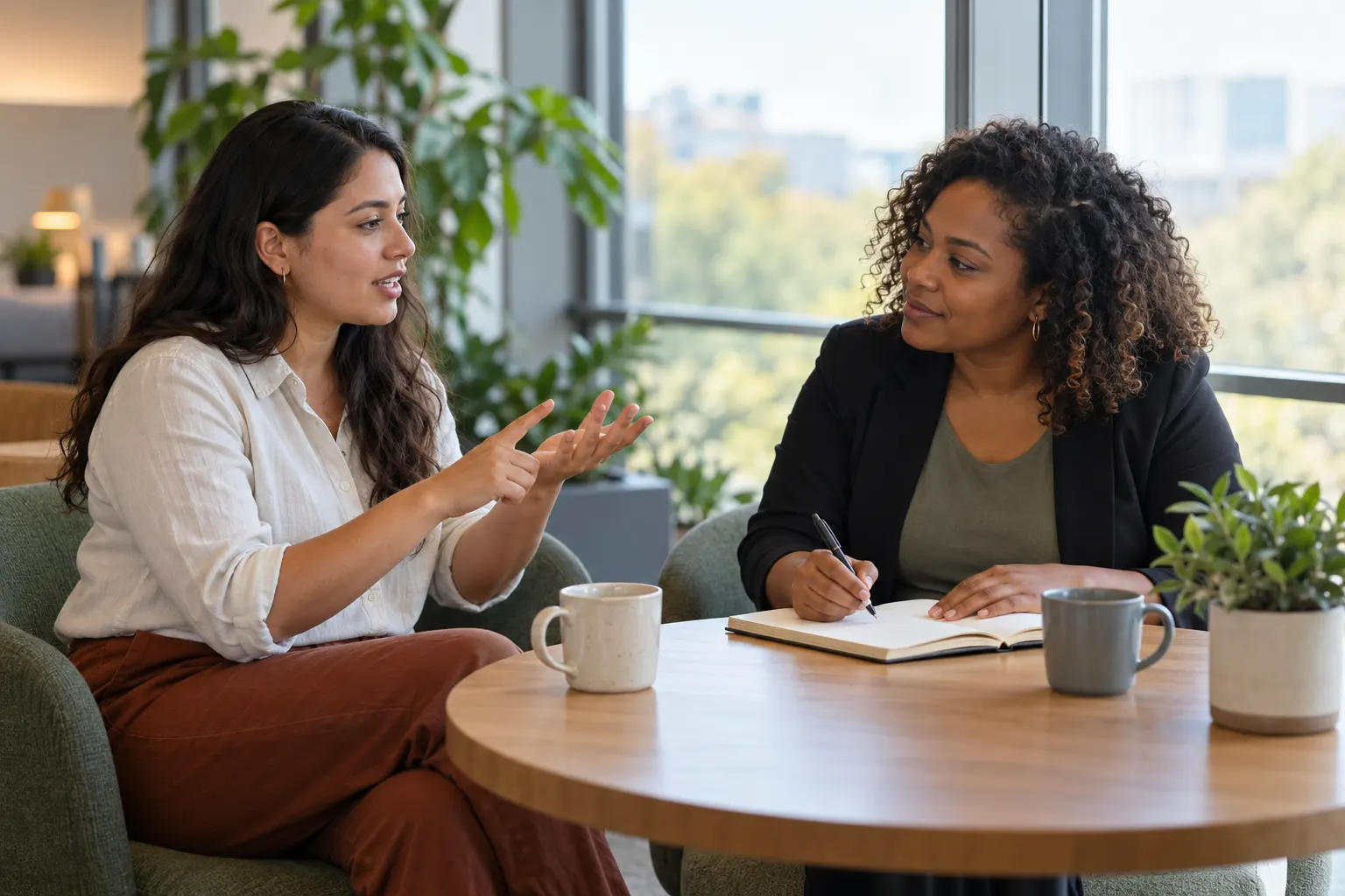 A manager takes notes in a notebook while an employee talks through her points at a table by an office window.