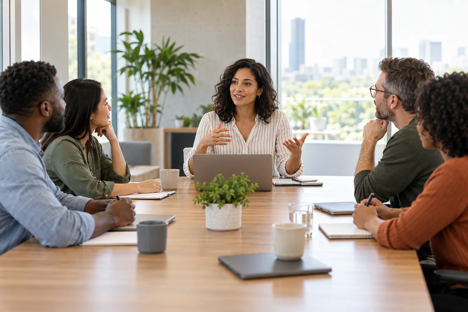 A woman at the head of a conference table speaks while four colleagues listen in a bright office.