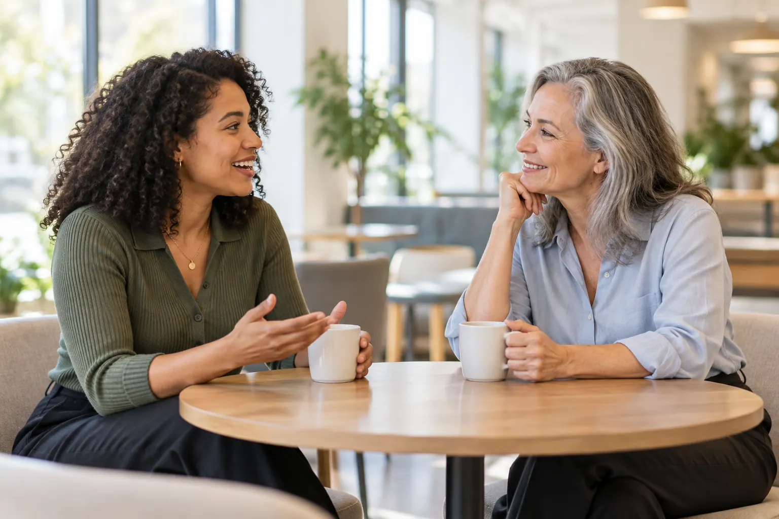 Two women of different ages talk over coffee at a small round table in an office cafe.