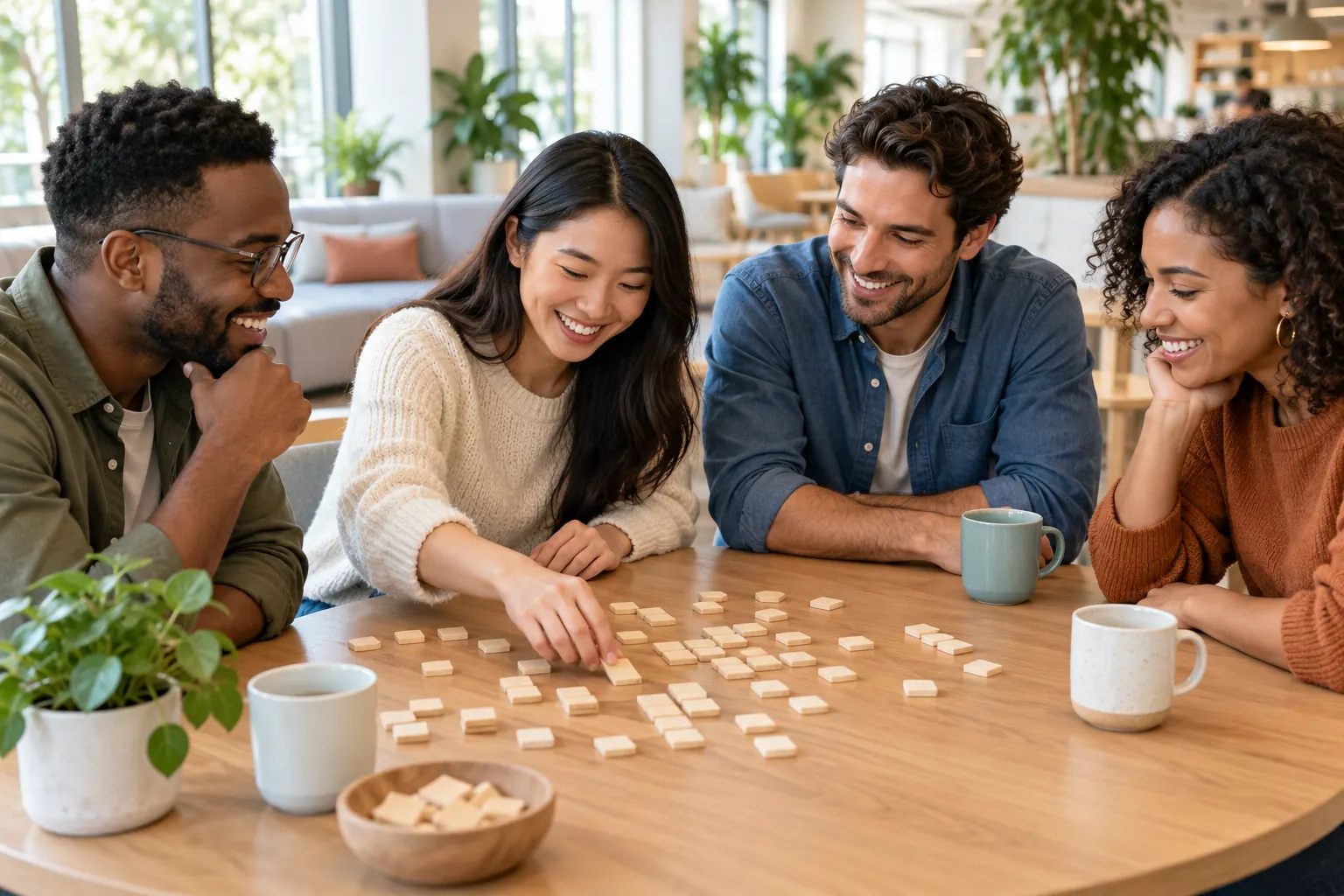 Four coworkers laugh around a round table as one of them moves small wooden word tiles in a bright office.