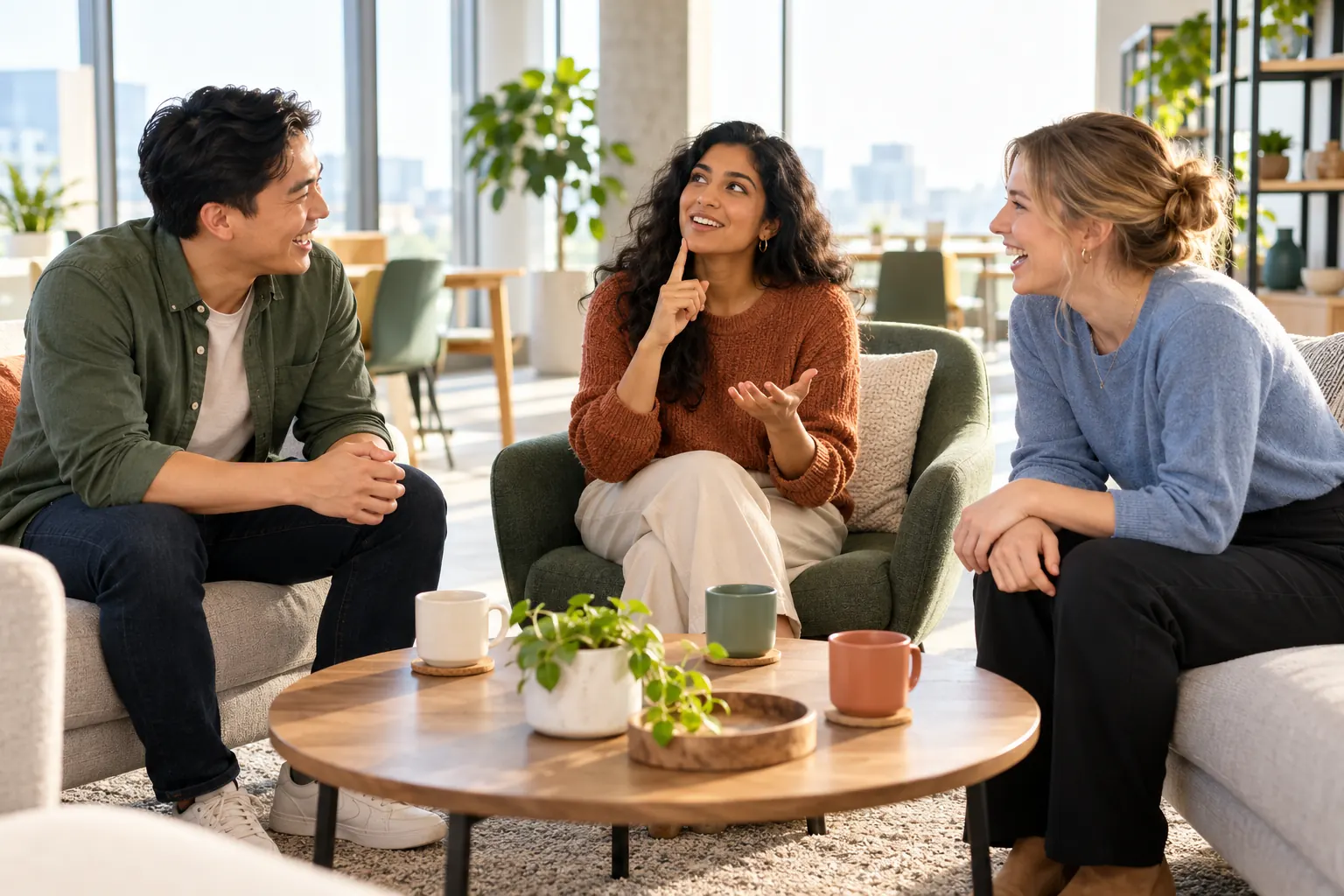 Three colleagues laugh over coffee in an office lounge while one of them thinks of a word.