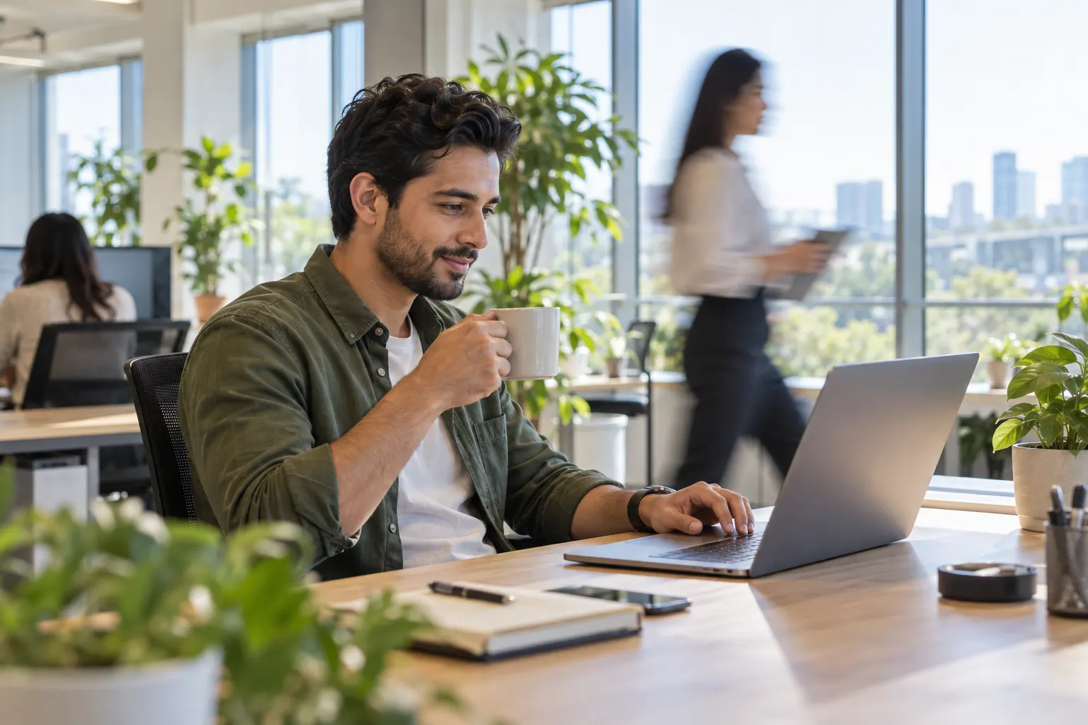 A man types on a laptop at a bright office desk, coffee mug in hand