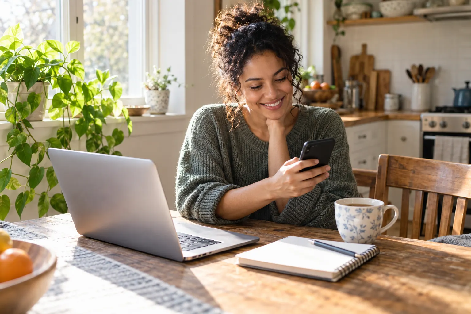 A woman reads her phone and smiles at a kitchen table with a laptop and a cup of tea