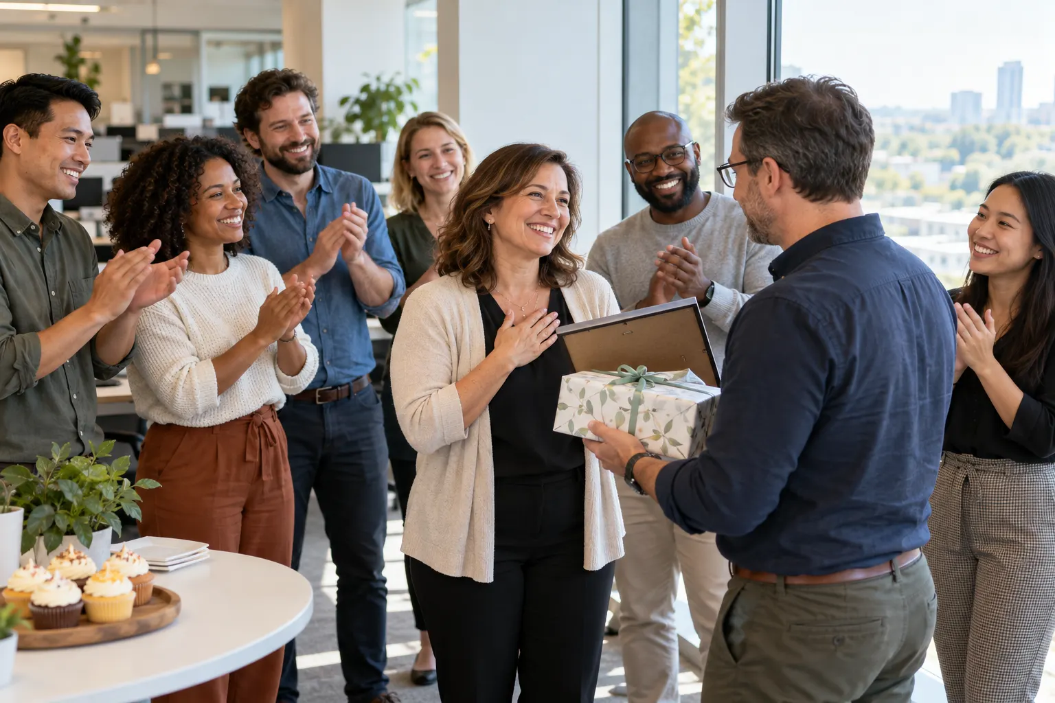 A manager hands a long-serving employee a wrapped gift and a framed certificate while coworkers clap in a bright office