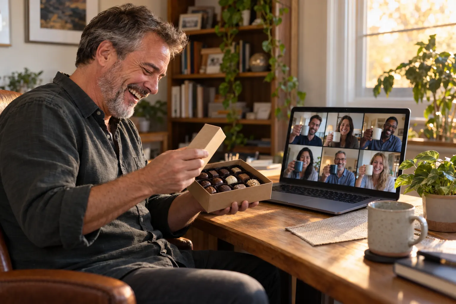 A remote employee at a home desk laughs as he opens a box of chocolates while coworkers on a video call raise their mugs